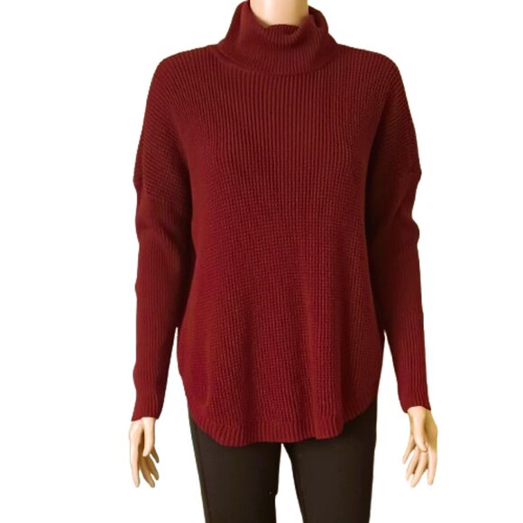 Michael Kors Burgundy Turtleneck Sweater M Waffle Knit Scooped Hem Stretch - Picture 1 of 9